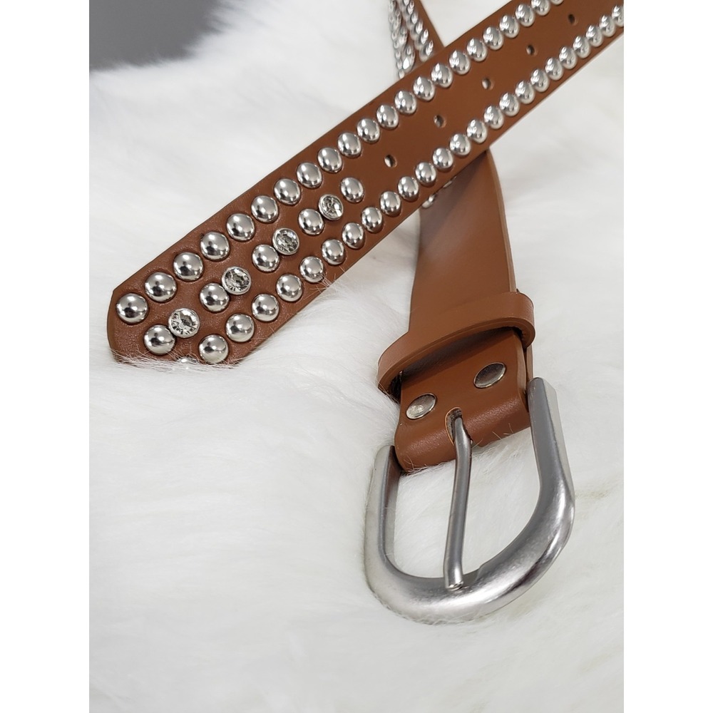 Dolls Kill Faux Leather Brown Rhinestone Silver Studded Belt y2k biker punk emo